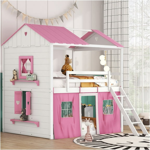 JERFIT Size Bunk Wood House Bed with Elegant Windows Sills and Tent Pink+White