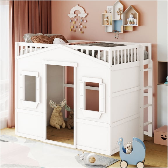 JERFIT Full Size Loft Bed Frame with Ladder, White Solid Wood Elevated Platform Bed with Guard Rails, No Box Spring Needed