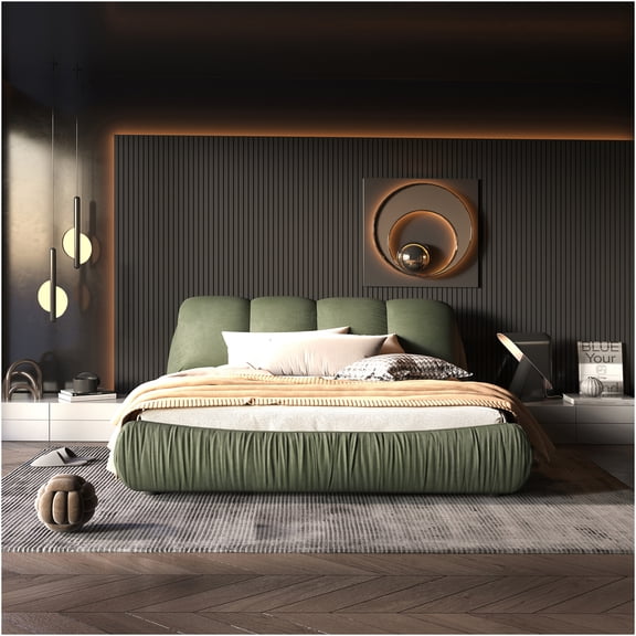JERFIT Queen Upholstered Bed Frame with Pillow Back Headboard, Solid Wood Platform, No Box Spring Needed, Green