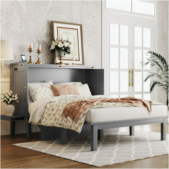 JERFIT Size Murphy Bed with USB Port and removable Shelves on Each Side Gray