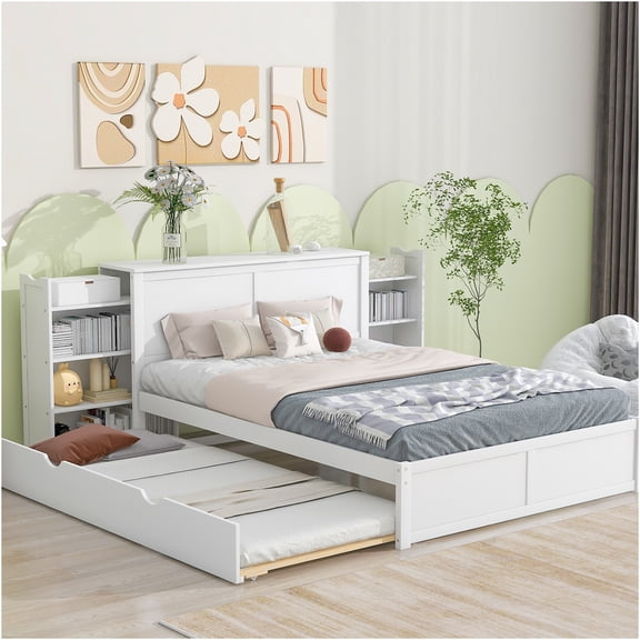 JERFIT Size Storage Platform Bed with Pull Out Shelves and Twin XL Size Trundle White