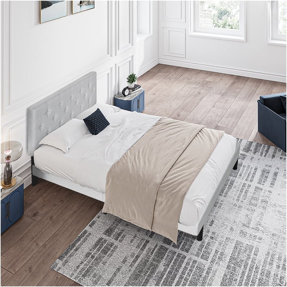 JERFIT Twin Size Platform Bed with Upholstered Headboard, Light Gray Linen Fabric, No Box Spring Required, Easy Assembly, 300 lbs Support