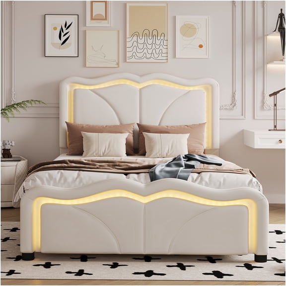 JERFIT Twin Size Upholstered Bed with LED Lights, Adjustable Curved Headboard, Modern Platform Bed Frame, White