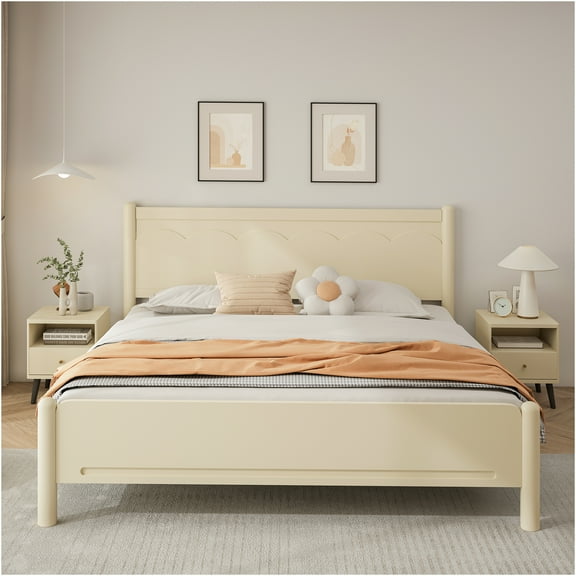 JERFIT King Size Platform Bed Frame with Headboard, Beige and Natural Wood Tone, No Box Spring Needed, Heavy Duty 600lbs Support