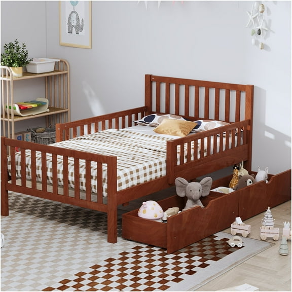 JERFIT-Twin Wood Platform Bed with Both-Side Guardrails, 2 Spacious Storage Drawers, Walnut