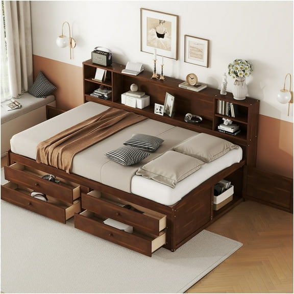 JERFIT Size Wooden Captain Bed with Built-in Storage Shelves 4 Drawers and 2 Cabinets Antique