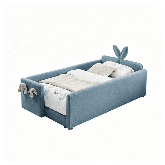 JERFIT Sky Blue Boucle Twin Size Bed Frame with Rabbit Ear Headboard, Safety Rails and Storage Platform