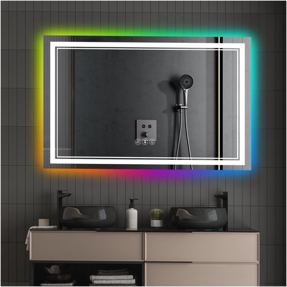 JERFIT Smart LED Bathroom Mirror with Anti-Fog, Dimmable Backlight, Voice Control, 55x36 Inch Frameless Vanity Mirror, White