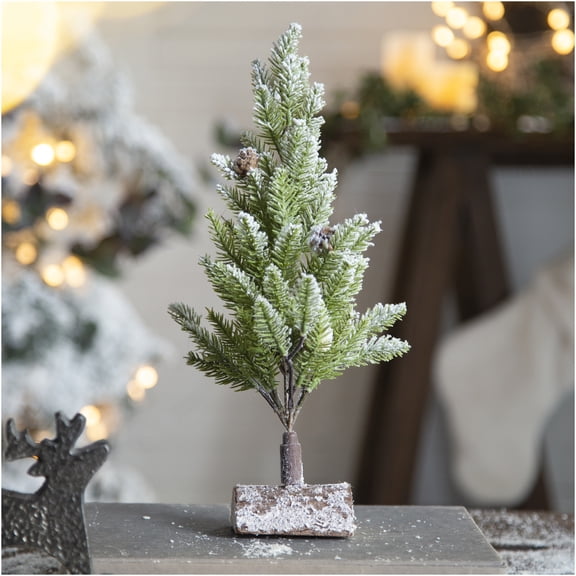 JERFIT Snowy Christmas Tree Set of 2, 13.5 Inch Artificial Mini Xmas Trees on Wood Base with Realistic Snow Flocking for Tabletop Decor