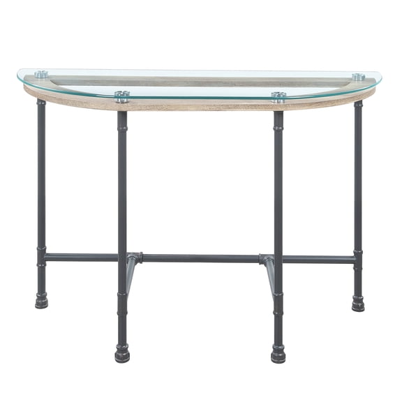 JERFIT Sofa Table with Tempered Glass Top, Industrial Water Pipe Metal Frame, Sofa Couch Console Table for Living Room, Hallway, Entryway