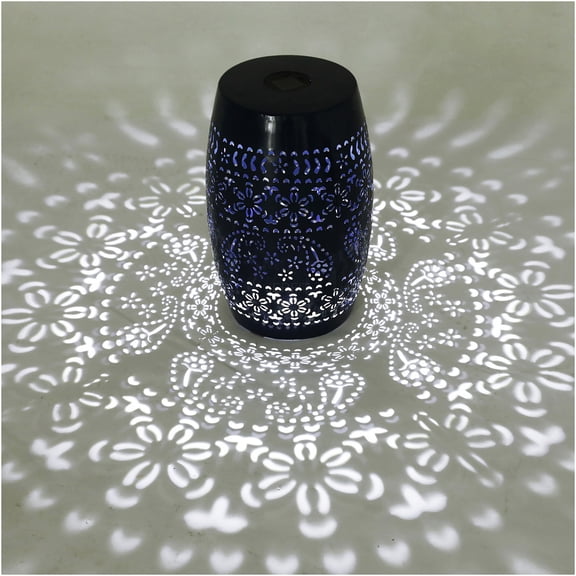 JERFIT Solar Powered Iron Side Table with LED Lights, Dark Blue Outdoor End Table for Garden Patio Decor, Multi-Functional Accent Table Stand