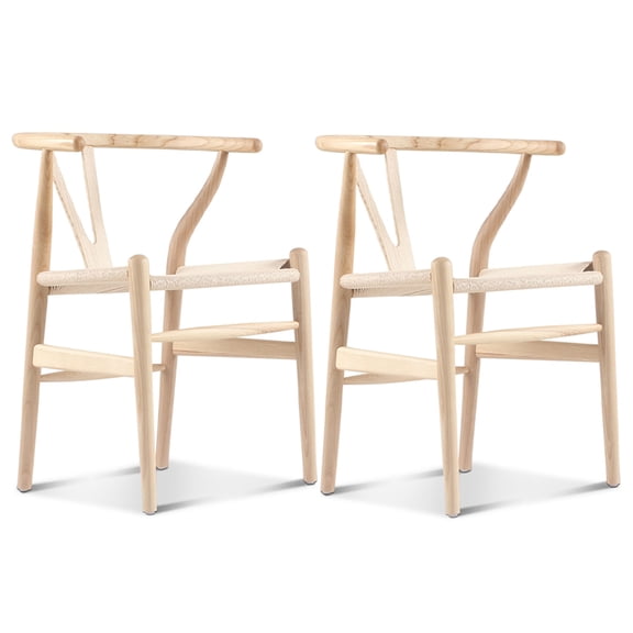JERFIT Solid Ash Wood Dining Chairs Set of 2, Natural Finish Paper Cord Handwoven Seat Modern Wishbone Style Side Chairs