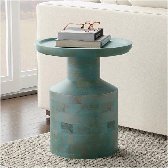 JERFIT Solid Mango Wood Accent Table, Teal End Table for Living Room, Small Bohemian Side Table with Storage Shelf