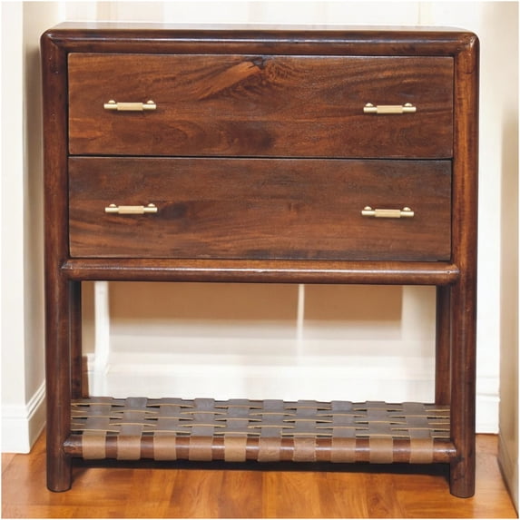 JERFIT Solid Mango Wood Nightstand with 2 Drawers & Woven Shelf, Brown Chestnut Finish, Fully Assembled Modern Bedside Table