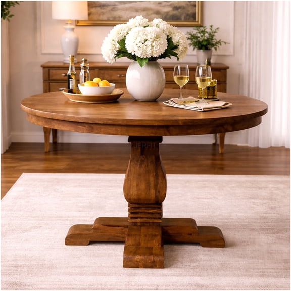 JERFIT Solid Mango Wood Round Dining Table for 2, Beige Brown Modern Pedestal Base Kitchen Table