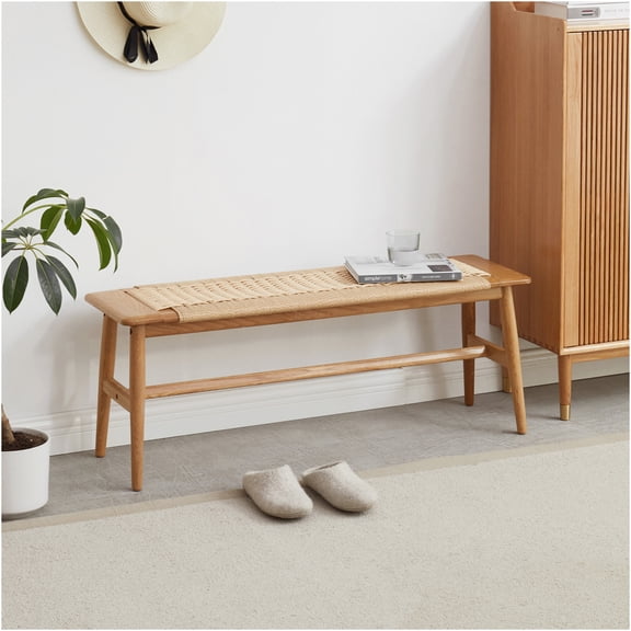 JERFIT Solid Oak Wood Bench with Woven Cane Seat, Natural Wooden Stool for Entryway, Dining Room, Bedroom, and Bathroom Decor