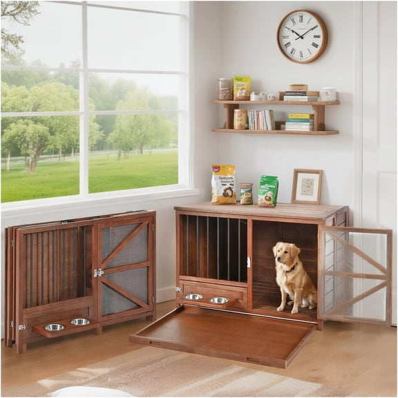 JERFIT Solid Wood Dog Crate End Table Indoor Kennel Furniture with 360 Feeder, Foldable Pet Cage for Small Medium Dogs, Walnut