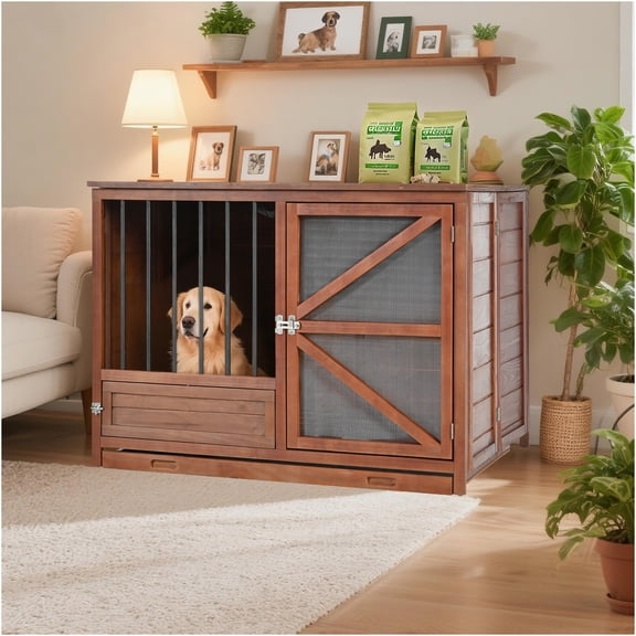 JERFIT Solid Wood Dog Crate End Table, Walnut Indoor Kennel Furniture with 360 Swivel Feeder & Removable Tray, Foldable Pet Cage for Small Medium Dogs