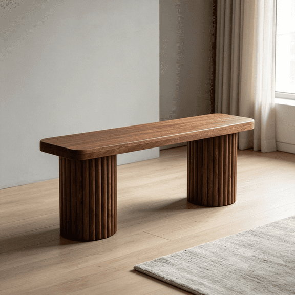 JERFIT Solid Wood Fluted Bench, Modern Entryway & Living Room Accent Bench, Handcrafted Mango Wood with Amber Oak Finish, Sturdy Brown Hallway Seating