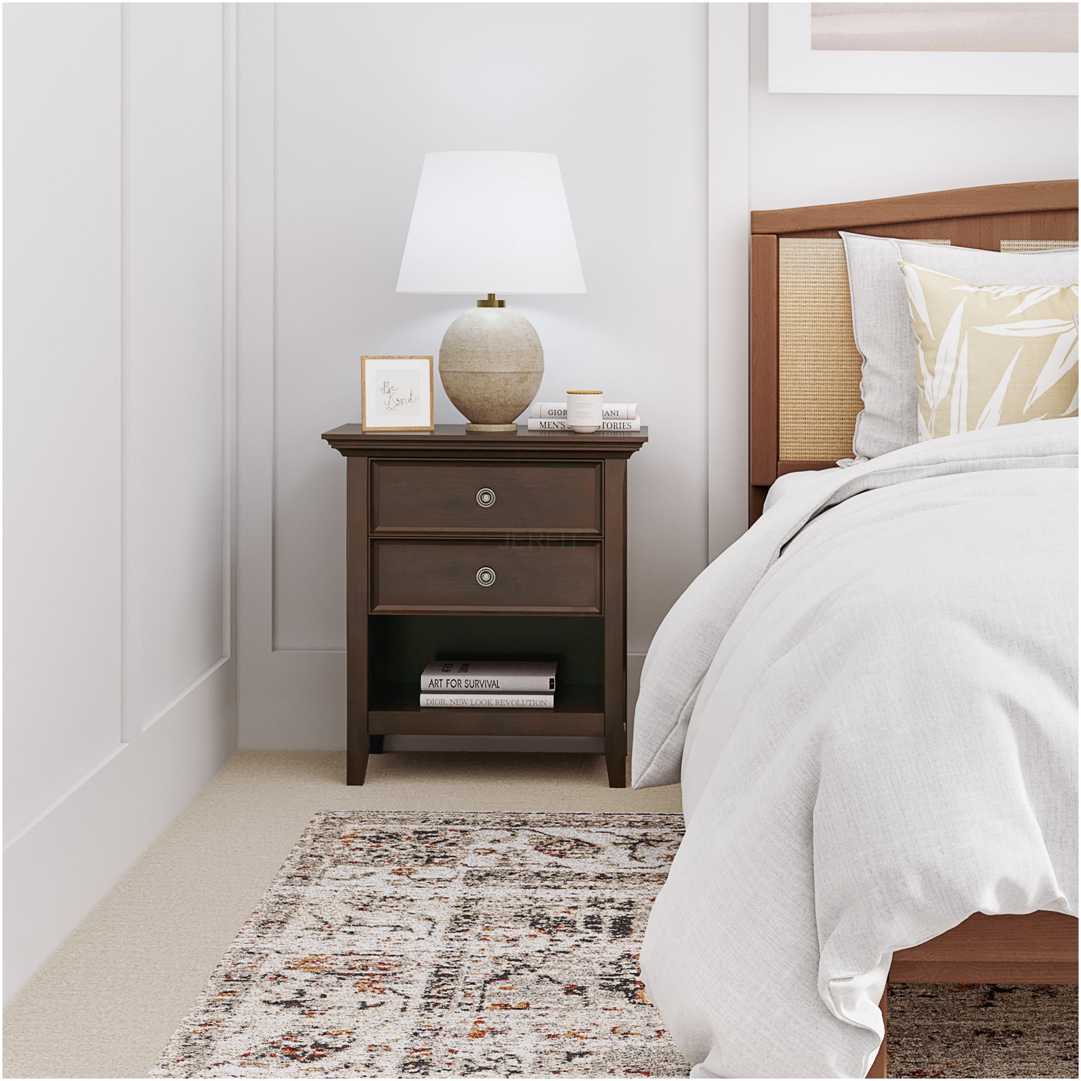 JERFIT Solid Wood Nightstand with 2 Drawers, Dark Brown Bedside Table ...