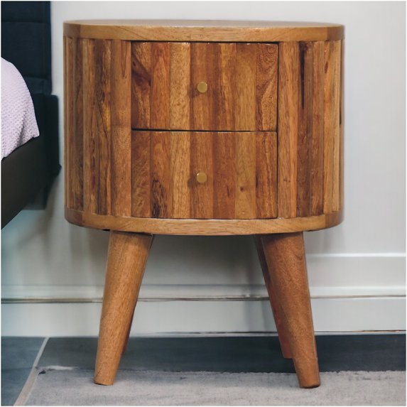JERFIT Solid Wood Nightstand with 2 Drawers, Scandinavian Stripe Design Bedside Table, Mango Wood Bedroom Furniture in Brown Oak Finish