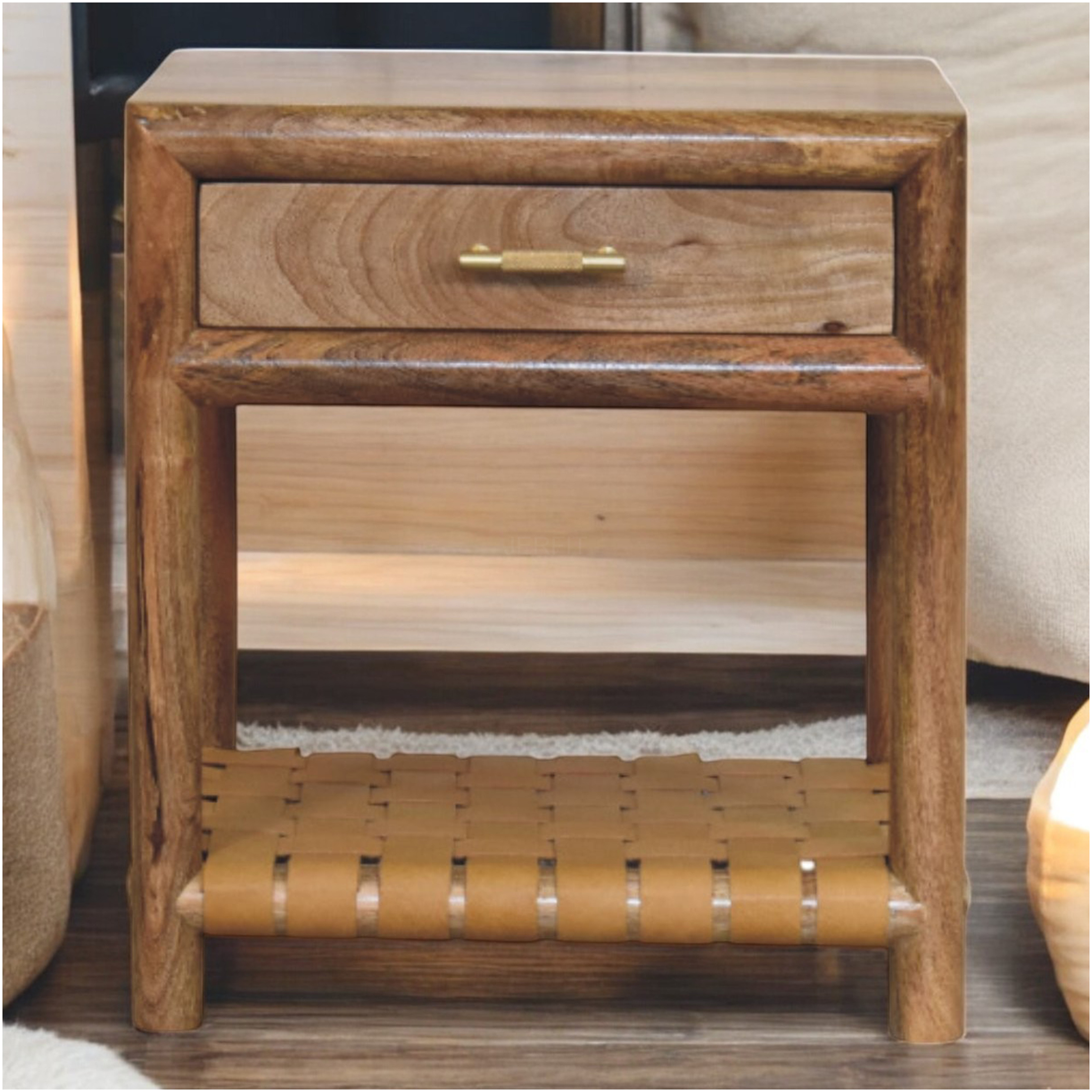 JERFIT Solid Wood Nightstand with Drawer & Woven Shelf, Brown Mango ...