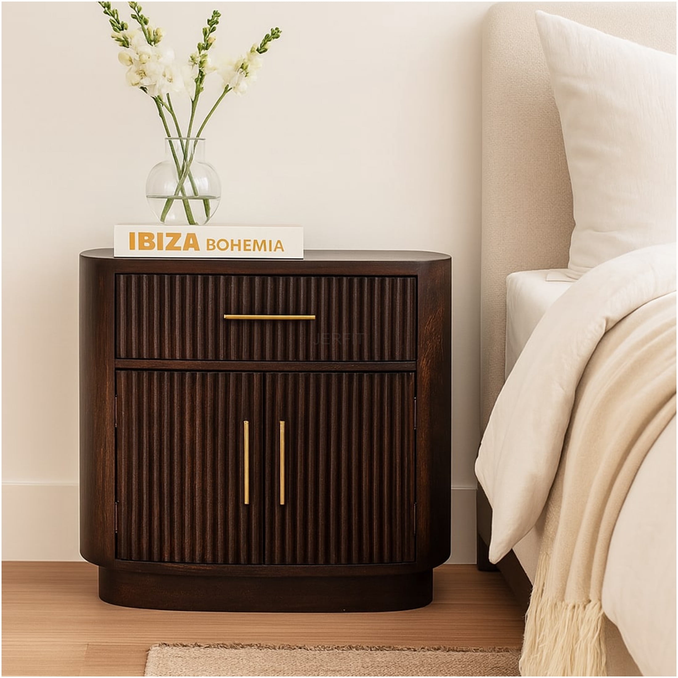 JERFIT Solid Wood Nightstand with Drawer and Cabinet, Brown Bedside ...