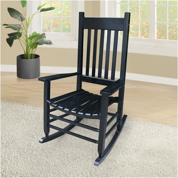 JERFIT Solid Wood Rocking Chair for Porch - All-Weather Black Hardwood Rocker with Wide Seat & Armrests for Patio, Deck, Garden