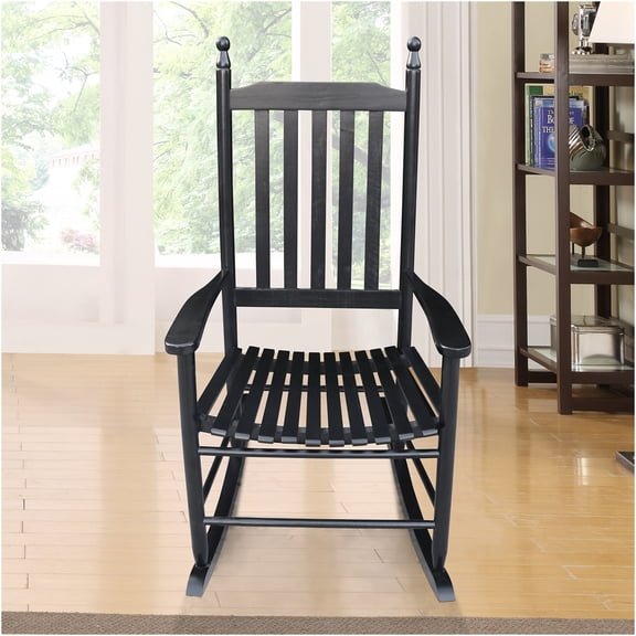 JERFIT Solid Wood Rocking Chair for Porch, Outdoor Patio Rocker with Wide Seat & High Back, All-Weather Black Hardwood Rocker