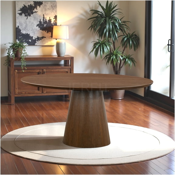 JERFIT Solid Wood Round Dining Table, Walnut Finish, Modern Minimalist Kitchen Table for 5, Sturdy Cone Base, Space-Saving Design