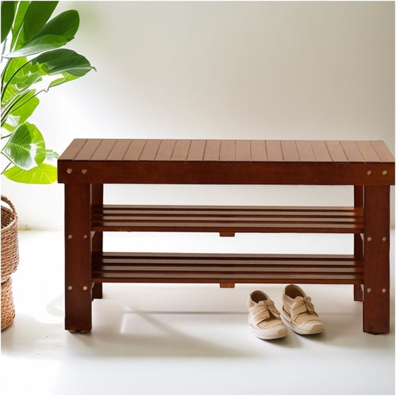 JERFIT Solid Wood Shoe Bench with Storage Shelf, Cherry Finish Entryway Organizer, Hallway Seat