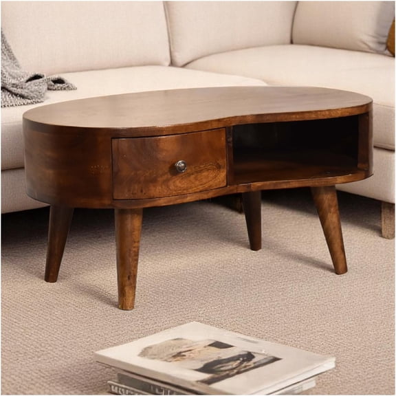 JERFIT Solid Wood Wave Coffee Table with Drawer, Scandinavian Modern End Table for Small Space, Dark Brown Accent Table
