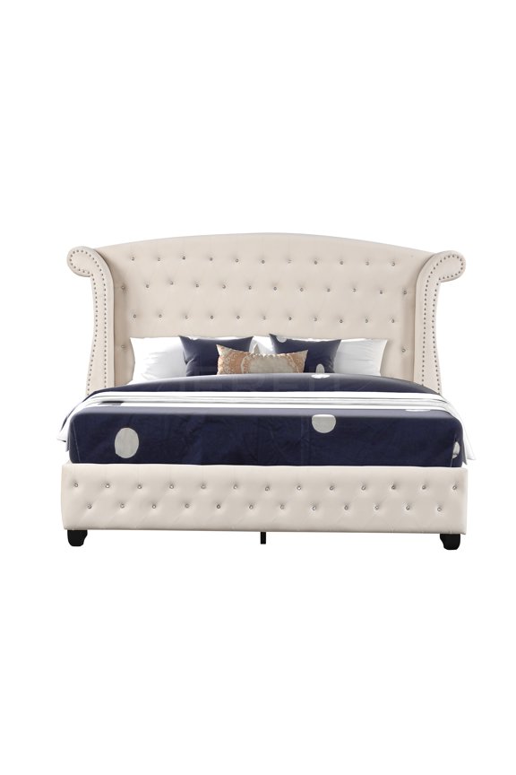 Sophia Cream Queen Upholstered Bed with Crystal Tufted Headboard, Modern Velvet Platform Bed Frame, Wood Structure, No Box Spring Needed