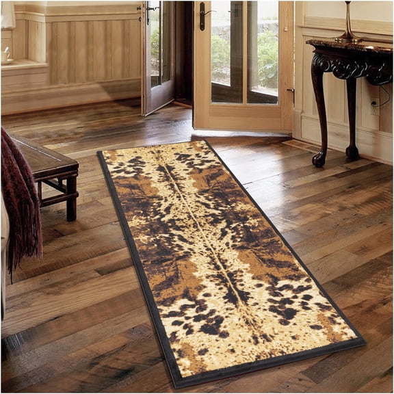 JERFIT Southwest Area Rug 2.7x7.3 ft, Black Modern Cowhide Print Runner Rug for High Traffic Areas, Non-Shedding Stain Resistant Polypropylene Carpet for Entryway Hallway Living Room Bedroom