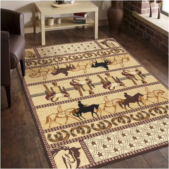 JERFIT Southwestern Area Rug 5x7 Feet, Beige Western Cowboy Horse Pattern Rug, Indoor Low Pile Floor Rug for High Traffic Areas, Stain Resistant Polypropylene Carpet