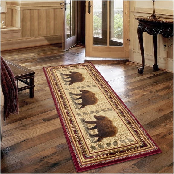 JERFIT Southwestern Bear Print Area Rug, 2'7"x7'3" Lodge Decor Non-Shedding Rug for High Traffic Areas, Stain Resistant Polypropylene Carpet for Living Room, Entryway, Bedroom, Red