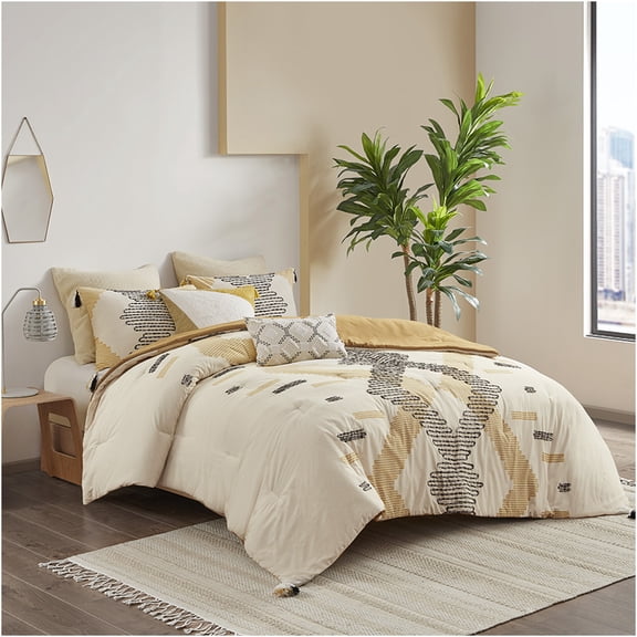 JERFIT Southwestern Style Full Queen 3-Piece Comforter Set, Geometric Pattern with Tassels, 100% Cotton Bedding Set in Yellow and Grey