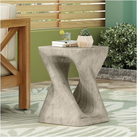 JERFIT Spiral End Table for Living Room, 17 inch Grey Outdoor Accent Table, Twist Design Side Table with Wood Grain Finish, No Assembly Small Table for Patio, Garden, Balcony