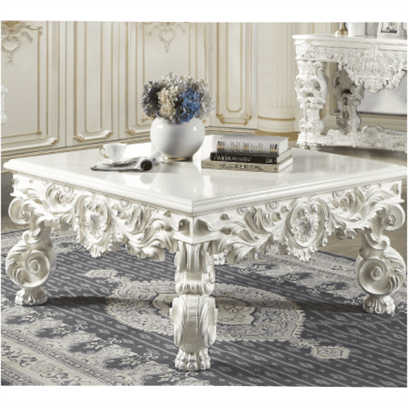JERFIT Square Coffee Table with Floral Legs, Antique White Finish Accent Table for Living Room, Farmhouse Sofa Table with Sculptured Base, No Storage Cocktail Table