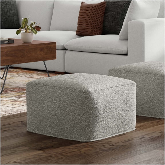 JERFIT Square Pouf Ottoman with Removable Cover, Light Gray Boucle Footrest Stool for Living Room, Small Accent Seat with EPS Bead Filling, 24x24x14 Inches