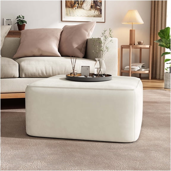 JERFIT Square Velvet Ottoman Footrest, Cream Upholstered Storage Pouf, Modern Faux Leather Cube Stool for Living Room, Bedroom