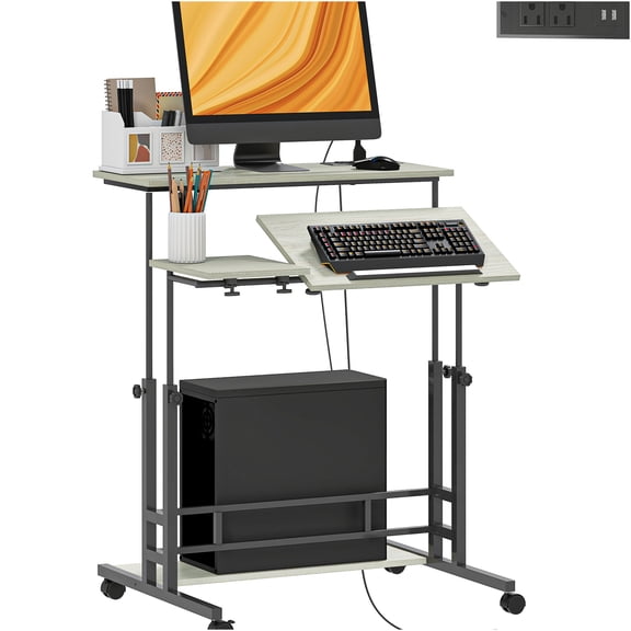 JERFIT Standing Desk with Outlets and USB Ports, Mobile Adjustable Height Computer Desk with Locking Wheels and Shelf, Tiltable Tabletop, Home Office Desk, Oak Finish