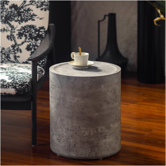 JERFIT Stone Gray Faux Concrete Round Corner End Side Table, MDF Modern Accent Furniture for Primary Living Space