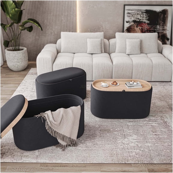 JERFIT Storage Ottoman with Flip-Top Tray, 30" Coffee Table Ottoman with Storage, 265lb Capacity Footrest Bench for Living Room, Black