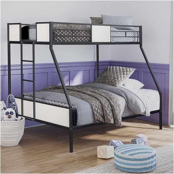 JERFIT Modern Twin Over Full Bunk Bed with Ladder, Black Metal Frame Space Saving Design for Compact Rooms