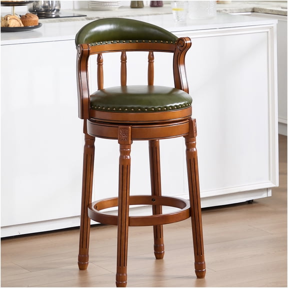 JERFIT Swivel Bar Stool with Back, Green Cowhide Leather Upholstered Seat, Solid Wood Frame for Kitchen Island, Counter & Home Bar