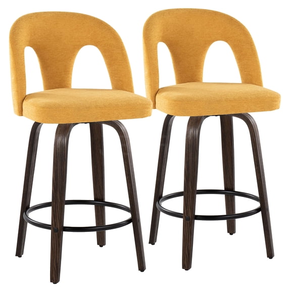 JERFIT Swivel Counter Stools Set of 2, Yellow Fabric Upholstered Bar Stools with Walnut Finish and Footrest