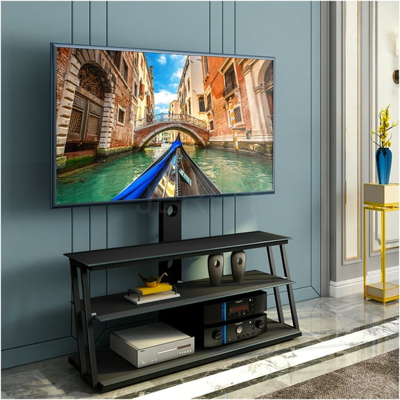 JERFIT Swivel Floor TV Stand for 32-65 inch TVs, Height Adjustable with Tempered Glass Shelf, 30° Swivel, Wire Management, Max Load 110Lbs, VESA 600x400mm, Black