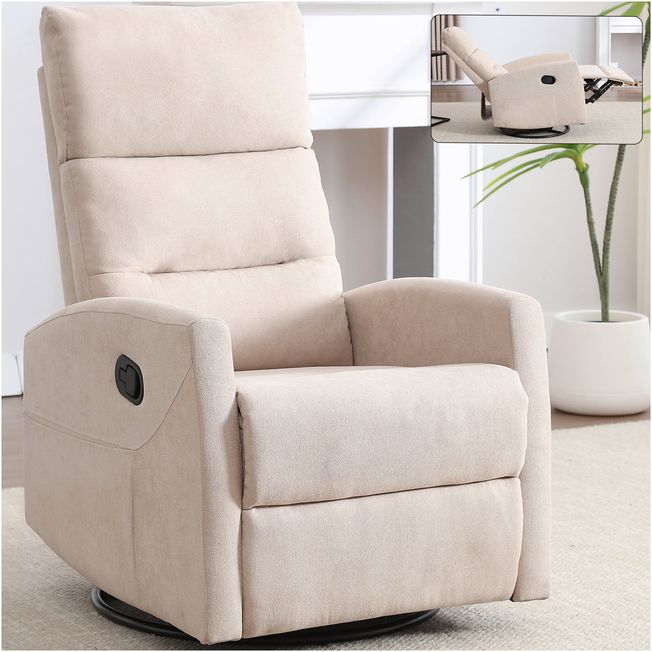 JERFIT Swivel Recliner Chair with Rocker, Manual Layback, Fabric Upholstery, Beige for Living Room, Bedroom