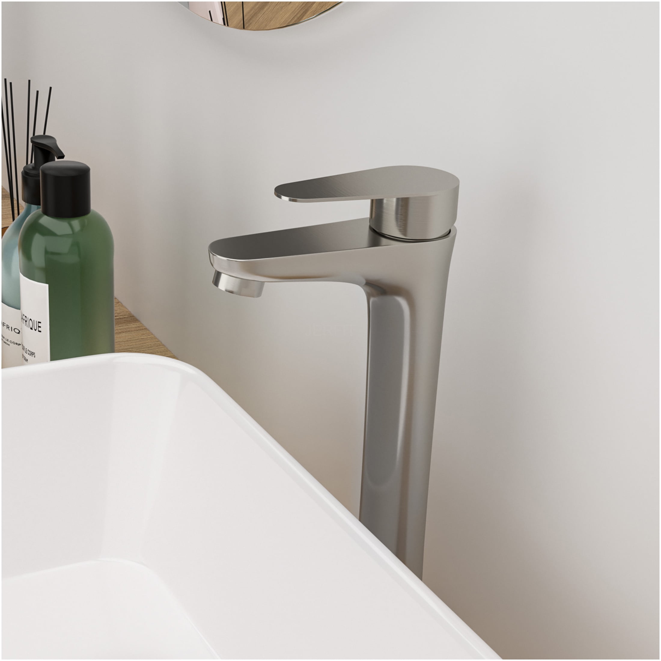JERFIT Tall Modern Single Handle Vessel Bathroom Sink Faucet, Brushed Nickel Finish, 1-Hole Vanity Faucet with High Arc Spout